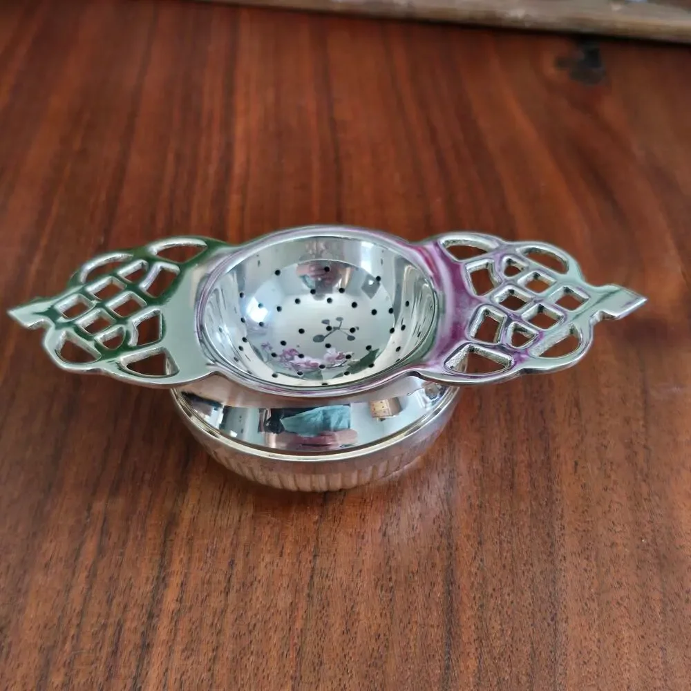Vintage Silver Plated Tea Strainer Filigree Handles Drip Bowl Victorian Cottage